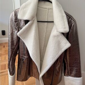 NWT- APPARIS jacket. Size small. Metallic silver with white fur.